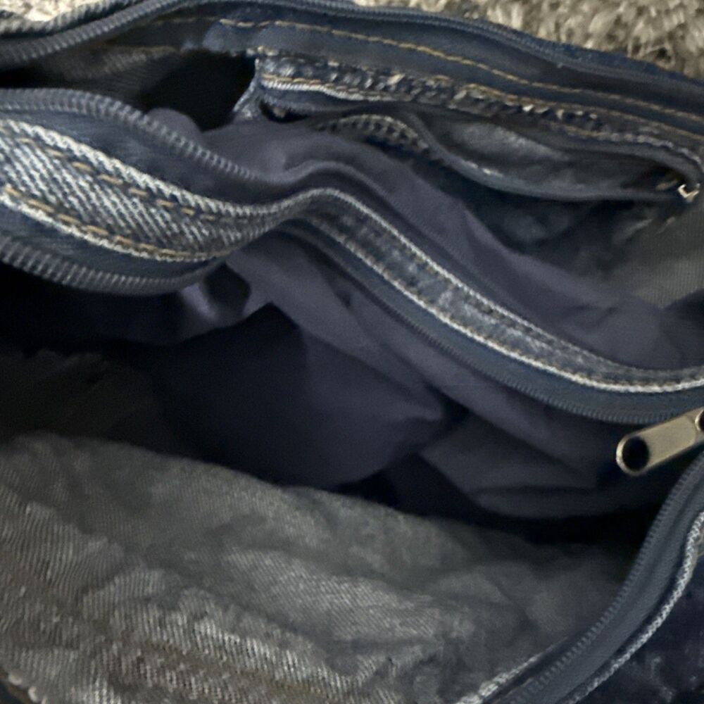 Vintage 90s Denim Purse Floral Embroidered Pockets Hobo Shoulder Bag Adjustable - Picture 7 of 12